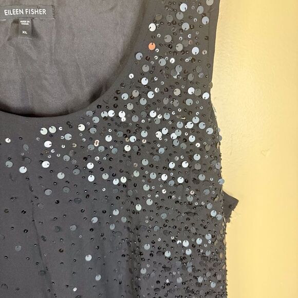 Eileen Fisher XL Silk Georgette Crepe Sequined Knee Length Dress Black Formal - Picture 4 of 6